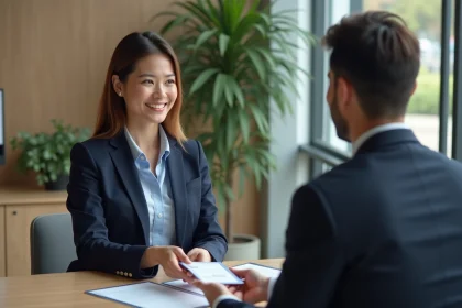 Femme d affaires souriante recevant des tickets restaurant