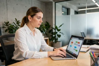 Femme professionnelle utilisant un logiciel d'automatisation de tâches sur un ordinateur portable dans un bureau moderne