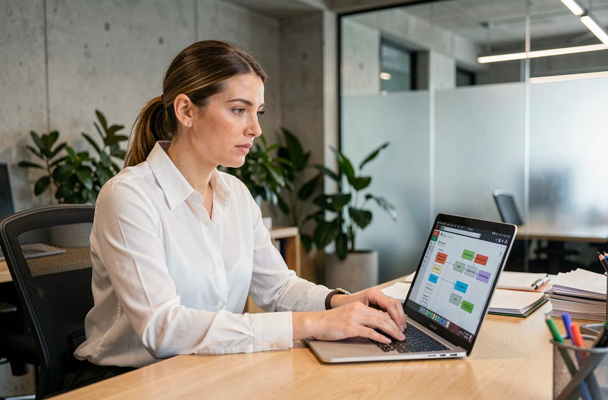 Femme professionnelle utilisant un logiciel d'automatisation de tâches sur un ordinateur portable dans un bureau moderne