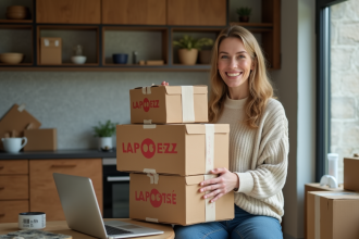 Femme d'âge moyen avec cartons La Poste et ordinateur