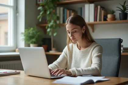 Jeune femme concentrée dans son bureau à domicile