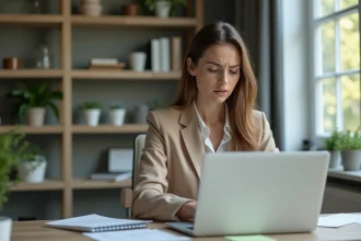 Femme au bureau regardant l'écran avec souci