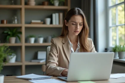 Femme au bureau regardant l'écran avec souci