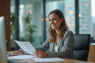 Femme souriante en bureau moderne pour article sur entrepreneuriat