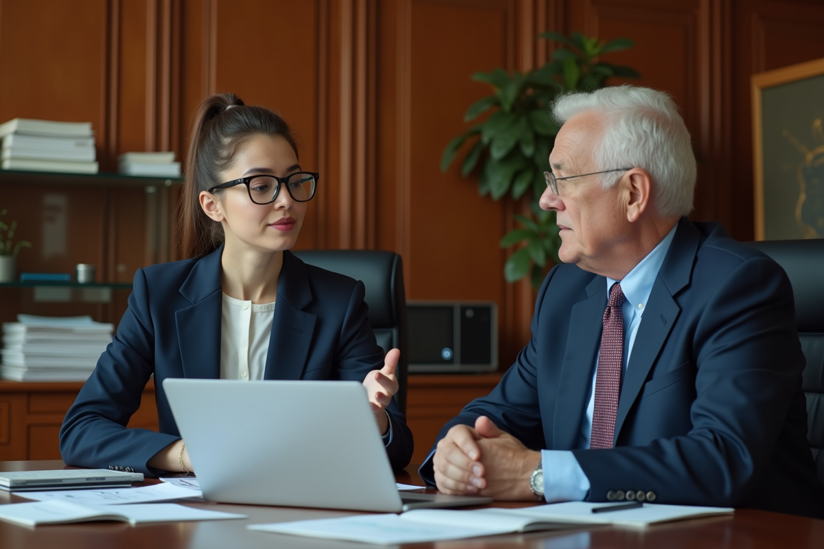 Jeune femme en costume discutant avec un collègue âgé