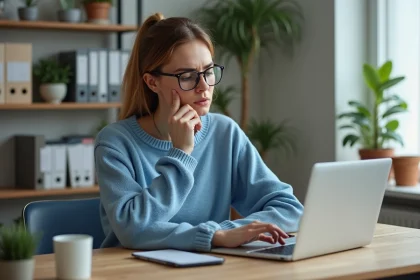 Femme en bureau à domicile regardant un site de livraison