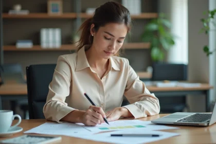 Femme professionnelle annotant un planning de forfait jours dans un bureau moderne