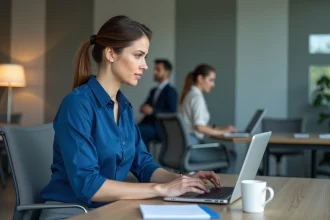 Femme en blouse bleue travaillant sur un ordinateur au bureau
