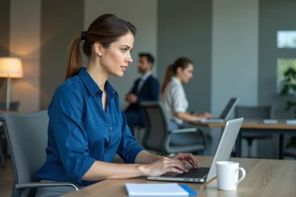 Femme en blouse bleue travaillant sur un ordinateur au bureau