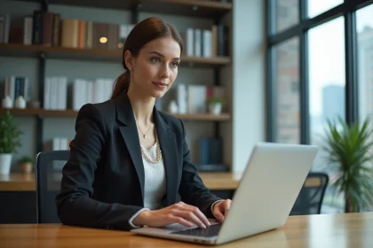 Femme en tenue professionnelle travaillant sur un ordinateur portable dans un bureau moderne