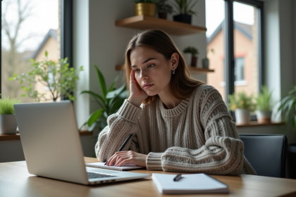 Jeune femme au bureau prenant des notes sur son laptop