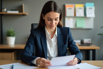 Jeune femme en bureau pliant une lettre formelle