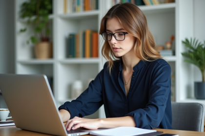 Jeune femme au bureau à domicile travaillant sur son ordinateur