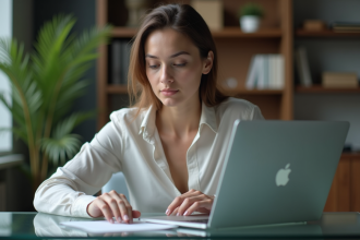 Femme au bureau regardant son ordinateur portable