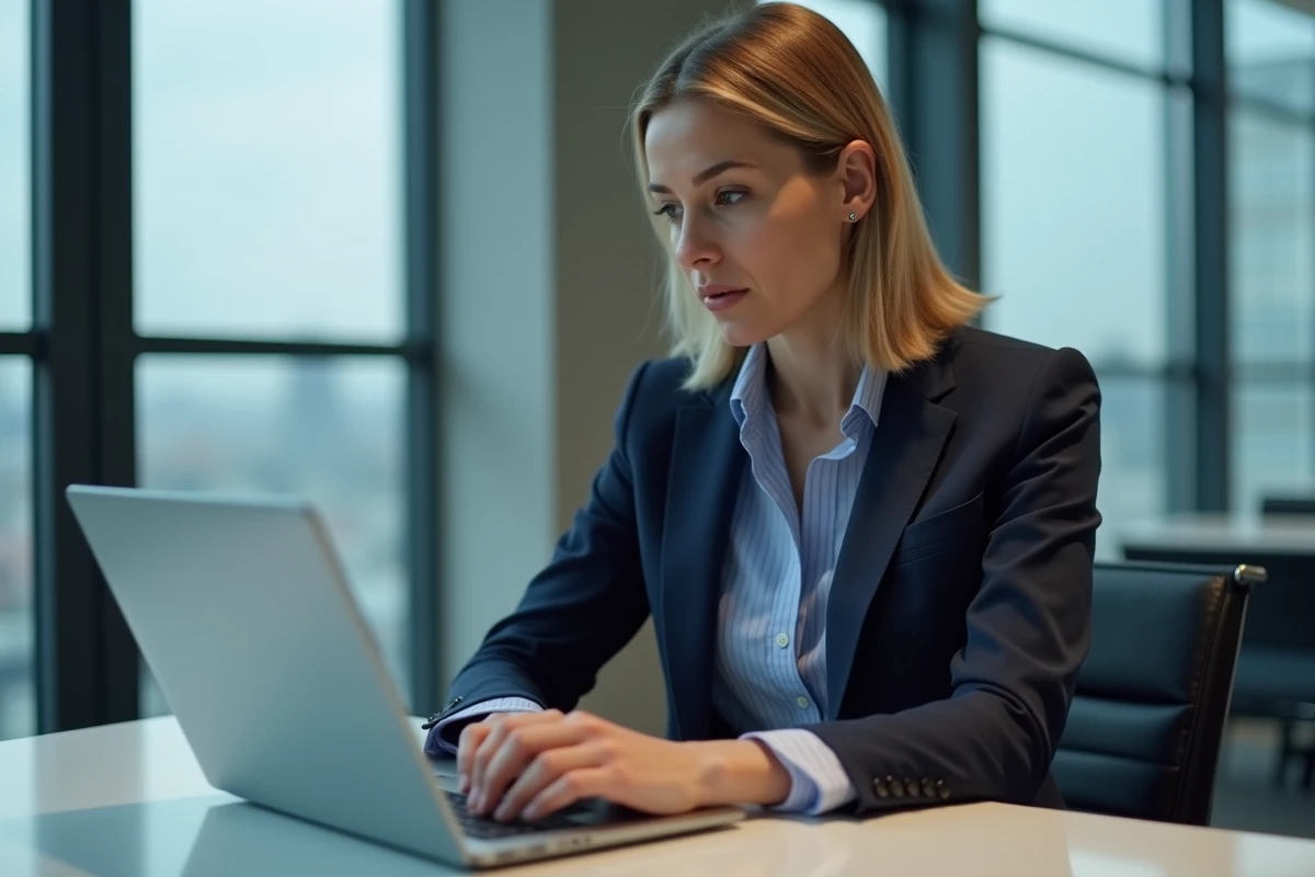 Femme d affaires concentrée sur son ordinateur en bureau moderne