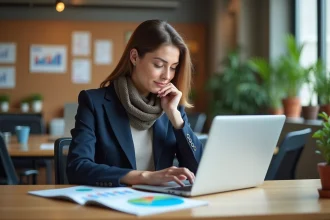 Femme en bureau lisant un rapport coloré sur son ordinateur