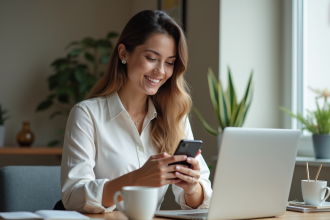 Jeune femme souriante dans un bureau moderne avec smartphone