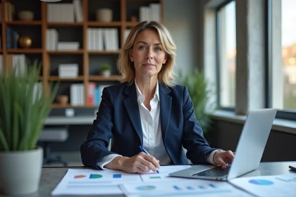 Femme cadre professionnelle analysant des données financières sur un bureau moderne dans un open-space parisien