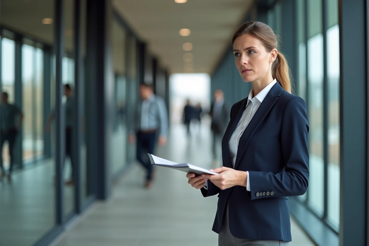 Femme cadre consultant un document officiel dans un couloir de bureau, illustrant la procédure de licenciement pour faute grave