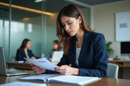 Femme professionnelle examinant un classeur ISO 9001