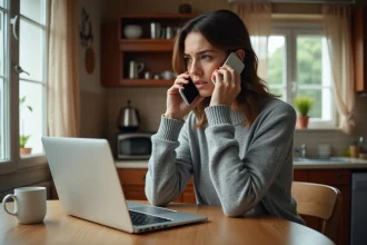Femme contactant le service client Orange depuis son domicile avec un smartphone
