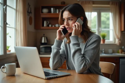 Femme contactant le service client Orange depuis son domicile avec un smartphone