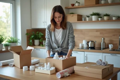 Femme faisant de l'emballage à domicile dans sa cuisine, entourée de cartons et de matériaux d'emballage pour un emploi de télétravail manuel