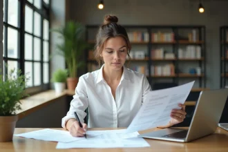 Femme entrepreneur examinant un business plan à son bureau dans un espace de coworking moderne