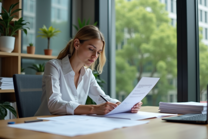 Femme d affaires examine documents environnementaux au bureau