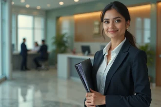 Femme indienne en costume d'affaires dans un bureau moderne