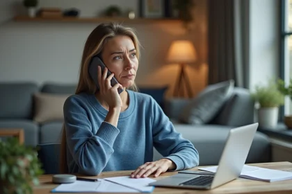 Femme inquiète au téléphone dans un intérieur moderne