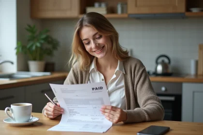 Jeune femme souriante avec facture payee dans la cuisine