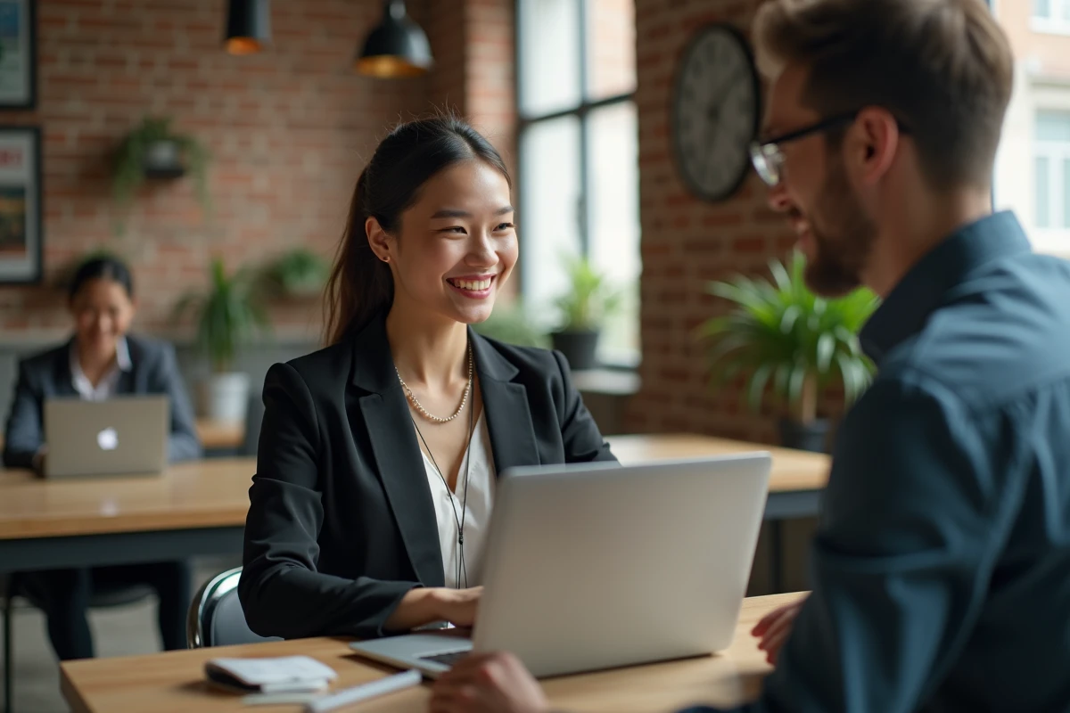 Jeune femme en coworking montrant un outil de vente à un collègue