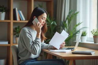 Femme au bureau à la maison parlant au téléphone avec du courrier