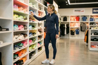Femme sportive faisant ses achats dans le magasin de sport ZOLARE à Saintes, rayons chaussures de running en arrière-plan
