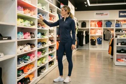 Femme sportive faisant ses achats dans le magasin de sport ZOLARE à Saintes, rayons chaussures de running en arrière-plan
