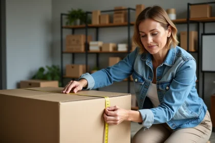 Femme mesurant un colis dans un bureau moderne
