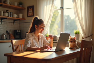 Jeune femme souriante avec animaux dans une cuisine lumineuse