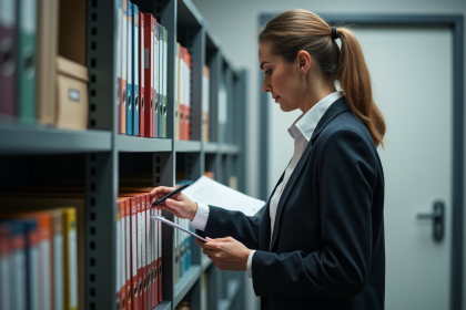 Femme d affaires organisant des dossiers dans un espace d archives