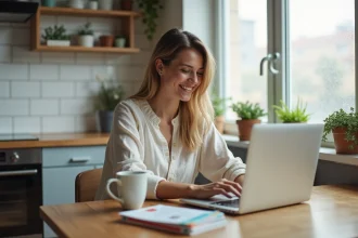 Femme consultant un portail de chèques-vacances sur son ordinateur portable dans une cuisine moderne