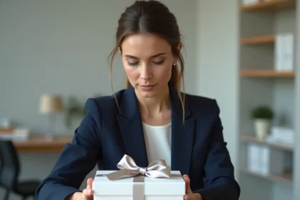 Femme professionnelle déposant une boîte cadeau personnalisée sur un bureau en bois dans un bureau moderne