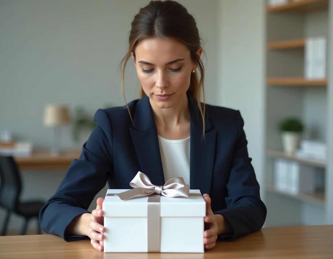 Femme professionnelle déposant une boîte cadeau personnalisée sur un bureau en bois dans un bureau moderne