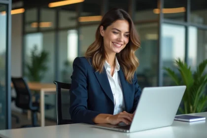Femme professionnelle au bureau utilisant un ordinateur portable