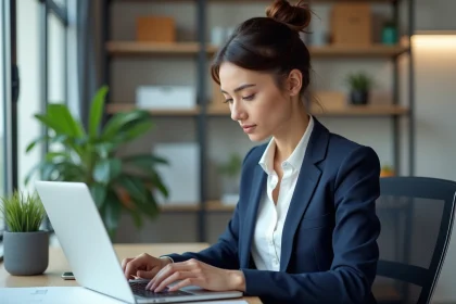 Femme en blazer navy travaillant sur son ordinateur dans un bureau lumineux