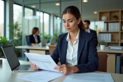 Femme professionnelle examinant un extrait Kbis et une attestation de vigilance Urssaf sur un bureau en entreprise