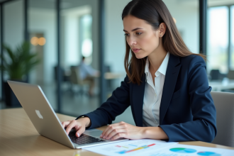 Jeune femme en blazer bleu analyse des graphiques de performance