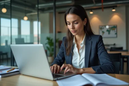 Femme professionnelle en réunion avec ordinateur portable