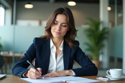 Femme professionnelle en bureau avec liste d'objectifs