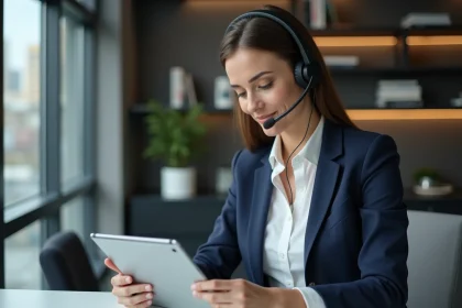 Femme professionnelle en réunion avec casque et tablette