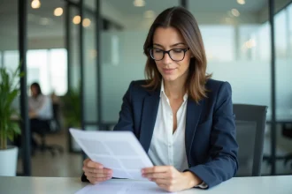 Femme professionnelle en blazer marine relisant un document de rupture conventionnelle à son bureau en open space